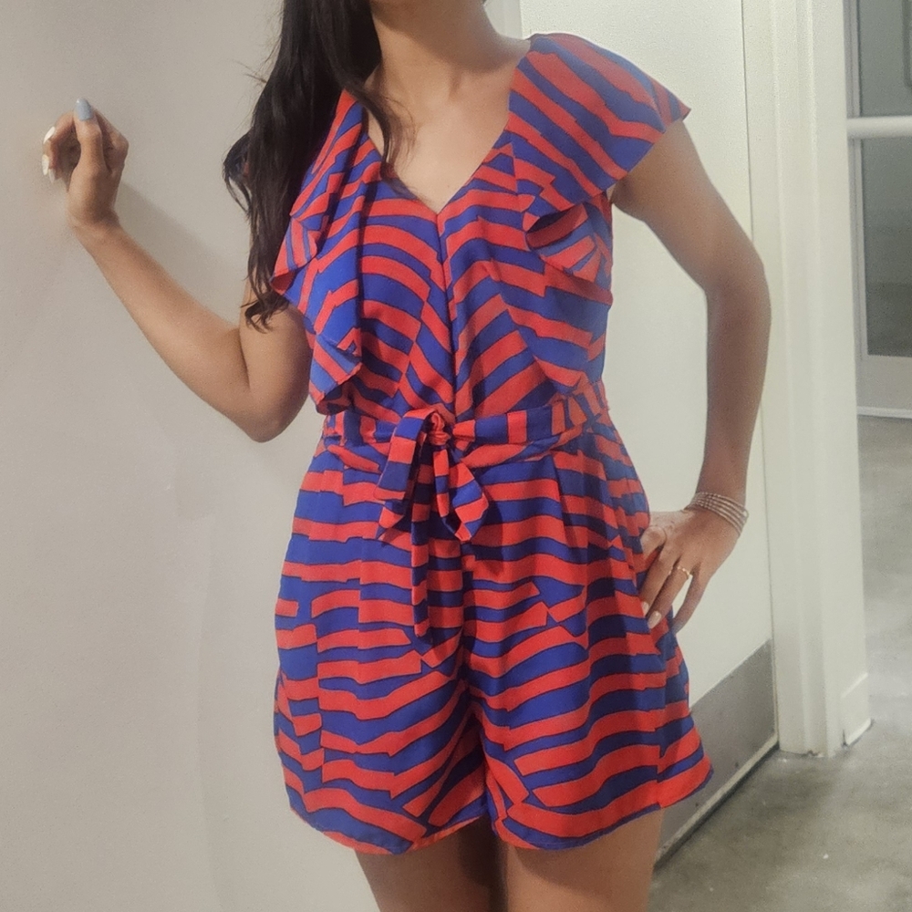 H&M Red and Blue Striped Short Jumpsuit